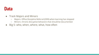 Data
● Track Majors and Minors
○ Majors- Office Discipline Referral (ODR) when learning has stopped
○ Minors- chronic disruptive behaviors that should be documented
● Big 5- who, when, where, what, how often
 
