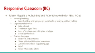 Responsive Classroom (RC)
● Falcon Ridge is a RC building and RC meshes well with PBIS. RC is:
○ Morning meeting
■ team building and working on social skills of sharing and turn taking
○ Logical consequences
■ take a break
■ You break it you fix it
■ Loss of privilege-everything is a privilege
■ Social conferences
○ Teacher language
■ Be direct and authentic
■ Show faith in abilities and intentions
■ Action oriented-not vague language
■ Brief
■ Know when to be silent
 