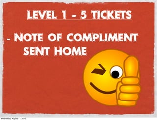 Level 1 - 5 Tickets

      -      Note of Compliment
              sent home




Wednesday, August 11, 2010
 