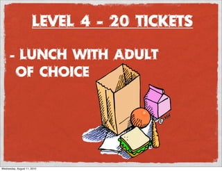 Level 4 - 20 Tickets

      - lunch with adult
          of choice




Wednesday, August 11, 2010
 