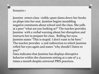 Guidelines for Tertiary
Practices
O Focuses on remaining
2-5% of the population
continuing to show skill
deficits
O Implemented with
individual students after
secondary practices
have not been
successful
O Should be a teacher-led
process that utilizes a
functional approach to
addressing behavior
(think informal FBA)
O Establish a team to
assess and intervene with
students who have
serious behavior
problems and allot
adequate time and
resources for the team
O Parents should always be
contacted when
individualized
interventions are
implemented
O Successful
implementation
establishes practices that
provide a systematic way
to support staff and
students
 