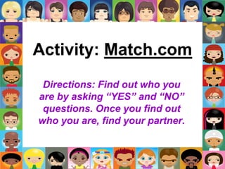 Activity: Match.com
Directions: Find out who you
are by asking “YES” and “NO”
questions. Once you find out
who you are, find your partner.
 