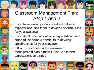 Classroom Management Plan:
Step 1 and 2
• If you have already established school wide
expectations, use them to develop specific rules
for your classroom
• If you don’t have school-wide expectations, use
some of the sample handouts to develop
specific rules for your classroom
• Fill in the sections on the classroom
management plan handout titled “classroom
expectations and rules”
 