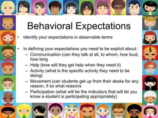 Behavioral Expectations
• Identify your expectations in observable terms
• In defining your expectations you need to be explicit about:
– Communication (can they talk at all, to whom, how loud,
how long
– Help (how will they get help when they need it)
– Activity (what is the specific activity they need to be
doing)
– Movement (can students get up from their desks for any
reason, if so what reasons
– Participation (what will be the indicators that will let you
know a student is participating appropriately)
 