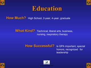 EducationEducation
How Much?How Much? High School, 2-year, 4-year, graduate
What Kind?What Kind? Technical, liberal arts, business,
nursing, respiratory therapy
How Successful?How Successful? Is GPA important, special
honors, recognized for
leadership
© www.asia-masters.com
 