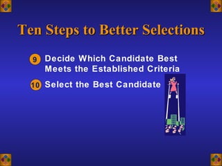 Decide Which Candidate Best
Meets the Established Criteria
Select the Best Candidate
9
10
Ten Steps to Better SelectionsTen Steps to Better Selections
 