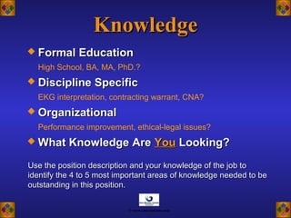 KnowledgeKnowledge
 Formal EducationFormal Education
High School, BA, MA, PhD.?
 Discipline SpecificDiscipline Specific
EKG interpretation, contracting warrant, CNA?
 OrganizationalOrganizational
Performance improvement, ethical-legal issues?
 What Knowledge AreWhat Knowledge Are YouYou Looking?Looking?
Use the position description and your knowledge of the job toUse the position description and your knowledge of the job to
identify the 4 to 5 most important areas of knowledge needed to beidentify the 4 to 5 most important areas of knowledge needed to be
outstanding in this position.outstanding in this position.
© www.asia-masters.com
 