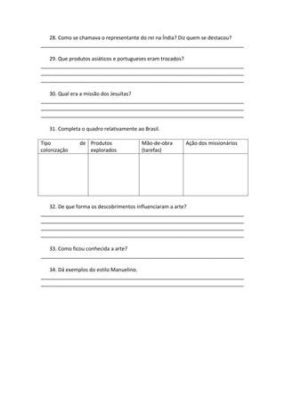 28. Como se chamava o representante do rei na Índia? Diz quem se destacou?
_______________________________________________________________________

   29. Que produtos asiáticos e portugueses eram trocados?
_______________________________________________________________________
_______________________________________________________________________
_______________________________________________________________________

   30. Qual era a missão dos Jesuítas?
_______________________________________________________________________
_______________________________________________________________________
_______________________________________________________________________

   31. Completa o quadro relativamente ao Brasil.

Tipo           de Produtos               Mão-de-obra   Ação dos missionários
colonização       explorados             (tarefas)




   32. De que forma os descobrimentos influenciaram a arte?
_______________________________________________________________________
_______________________________________________________________________
_______________________________________________________________________
_______________________________________________________________________

   33. Como ficou conhecida a arte?
_______________________________________________________________________

   34. Dá exemplos do estilo Manuelino.
_______________________________________________________________________
_______________________________________________________________________
 