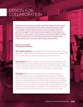 STRATEGY & INNOVATION CENTERS | 11
DESIGN FOR
COLLABORATION
The visitor’s journey: Like all good stories, innovation centers have a
beginning, middle and an end. Determine the path of the visitor early
on, as it will inform how you design the space at each step.
Use of space: Whether you’re creating spaces for storytelling or for
story creating, be aware of the space given and go through several
rounds to build an effective layout. Create room for private meeting
spaces, a formal conference room or an informal lounge setup.
Flexibility: White boards, tacking surfaces, movable furniture,
modularity and spaces created specifically for ideas to unfold are
key to a flexible environment. Elements such as these that expand
and are easily adapted have the ability to be converted into different
combinations for a program’s overall narrative. With environments
like these, the space can be interchangeable and interpreted for many
purposes. People recognize versatility as an attribute that is needed
by companies looking to transform, expand, iterate and change.
Determine what design elements would be helpful for the target
audience to be exposed to more ideas, and how physical space
can activate creative thinking. Give a space purpose, whether
you want people to walk away feeling inspired, or want them to
brainstorm in the space. Every project is going to be different, but
there’s something to be said about knowing the ultimate goal,
understanding your audience and styling appropriately.
Things to Consider:
 