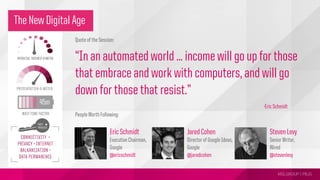 MSLGROUP | PBJS!
The New Digital Age
Quote of the Session:
“In an automated world … income will go up for those
that embrace and work with computers, and will go
down for those that resist.”
People Worth Following:
-Eric Schmidt
Eric Schmidt
Executive Chairman,
Google
@ericschmidt
Jared Cohen
Director of Google Ideas,
Google
@jaredcohen
Steven Levy
Senior Writer,
Wired
@stevenlevy
 