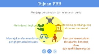 Menjaga perdamaian dan keamanan dunia
Memajukan dan mendorong
penghormatan hak asasi
Membina pembangunan
ekonomi dan sosial
Melindungi lingkungan
Bantuan kemanusiaan
(kelaparan, bencana
alam,
dan konflik bersenjata)
Tujuan PBB
 
