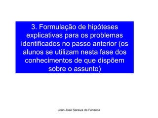 3. Formulação de hipóteses explicativas para os problemas identificados no passo anterior (os alunos se utilizam nesta fase dos conhecimentos de que dispõem sobre o assunto) 