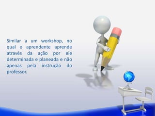 Similar a um workshop, no 
qual o aprendente aprende 
através da ação por ele 
determinada e planeada e não 
apenas pela instrução do 
professor. 
 
