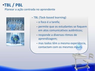 •TBL / PBL 
Planear a ação centrada no aprendente 
• TBL (Task-based learning) 
• o foco é a tarefa; 
• permite que os estudantes se foquem 
em atos comunicativos autênticos; 
• responde a diversos ritmos de 
aprendizagem; 
• mas todos têm a mesma experiência, 
contactam com os mesmos inputs. 
 