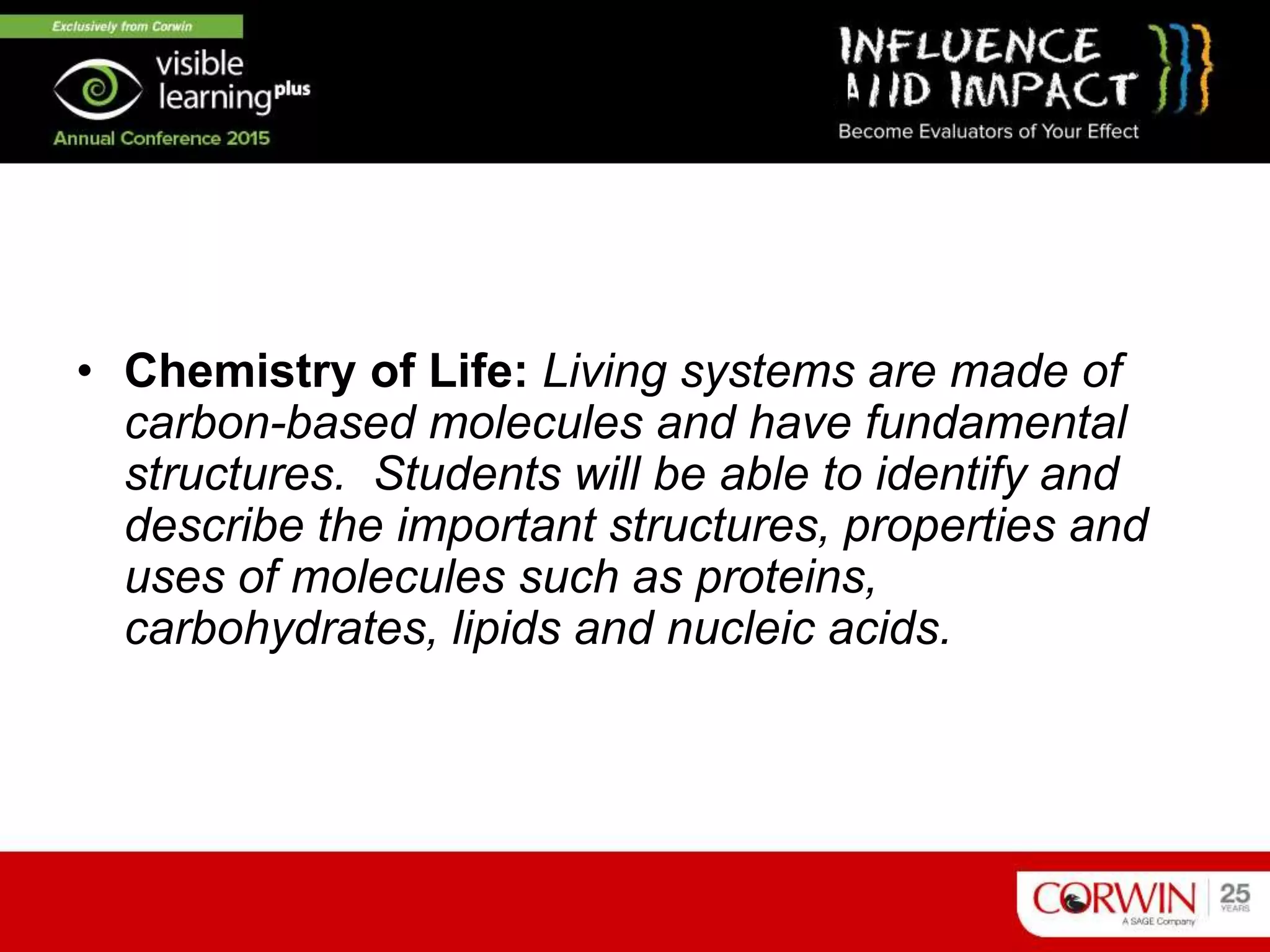 Program Goal III
• Chemistry of Life: Living systems are made of
carbon-based molecules and have fundamental
structures. Students will be able to identify and
describe the important structures, properties and
uses of molecules such as proteins,
carbohydrates, lipids and nucleic acids.
 
