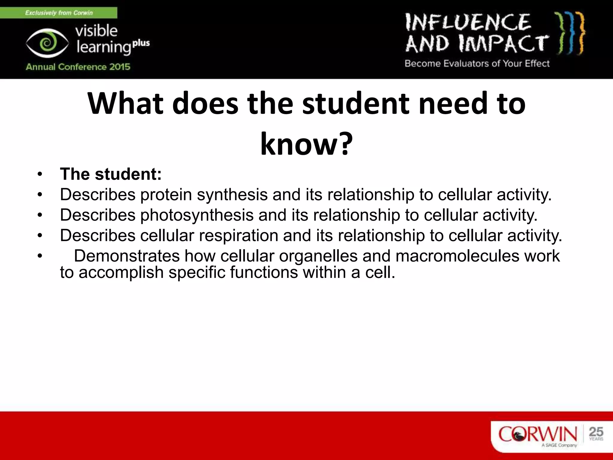 What does the student need to
know?
• The student:
• Describes protein synthesis and its relationship to cellular activity.
• Describes photosynthesis and its relationship to cellular activity.
• Describes cellular respiration and its relationship to cellular activity.
• Demonstrates how cellular organelles and macromolecules work
to accomplish specific functions within a cell.
 