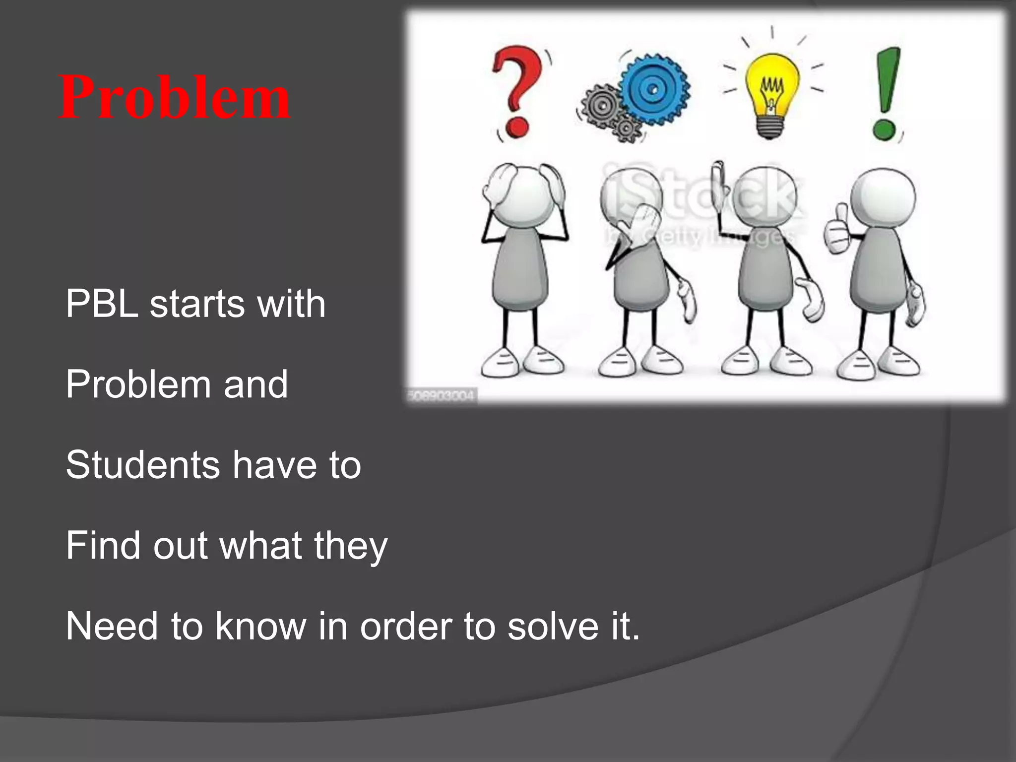 Problem
PBL starts with
Problem and
Students have to
Find out what they
Need to know in order to solve it.
 