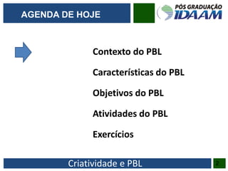 Criatividade e PBL
Contexto do PBL
Características do PBL
Objetivos do PBL
Atividades do PBL
Exercícios
2
AGENDA DE HOJE
 