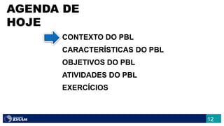 CONTEXTO DO PBL
CARACTERÍSTICAS DO PBL
OBJETIVOS DO PBL
ATIVIDADES DO PBL
EXERCÍCIOS
AGENDA DE
HOJE
12
 