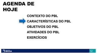 CONTEXTO DO PBL
CARACTERÍSTICAS DO PBL
OBJETIVOS DO PBL
ATIVIDADES DO PBL
EXERCÍCIOS
AGENDA DE
HOJE
12
 