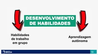 18
DESENVOLVIMENTO
DE HABILIDADES
Habilidades
de trabalho
em grupo
Aprendizagem
autônoma
 