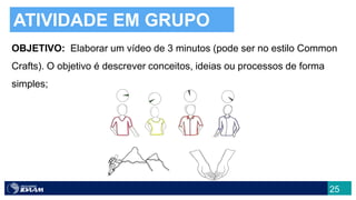 25
ATIVIDADE EM GRUPO
OBJETIVO: Elaborar um vídeo de 3 minutos (pode ser no estilo Common
Crafts). O objetivo é descrever conceitos, ideias ou processos de forma
simples;
 
