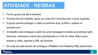 26
ATIVIDADE - REGRAS
 Forme grupos de até 6 pessoas
 Produto final do trabalho: gerar um vídeo de 3 minutos com o tema sugerido.
 O grupo deverá entregar o vídeo na próxima aula, já feito o upload no
youtube.com.
 O trabalho será entregue a partir de uma mensagem enviada ao professor pelo
Gennera, contendo o nome dos participantes e o link do vídeo. Não é para
anexar o vídeo, apenas a URL do Youtube.
 Em sala de aula deverá ser entregue o Relatório do Problema PBL preenchido.
 