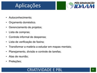 CRIATIVIDADE E PBL
• Autoconhecimento;
• Orçamento doméstico.
• Gerenciamento de projetos;
• Lista de compras;
• Controle informal de despensa;
• Lista de verificação de faxina;
• Transformar a matéria a estudar em mapas mentais;
• Planejamento, divisão e controle de tarefas;
• Atas de reunião;
• Preleções;
11
Aplicações
 