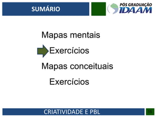 CRIATIVIDADE E PBL 15
SUMÁRIO
Mapas mentais
Exercícios
Mapas conceituais
Exercícios
 