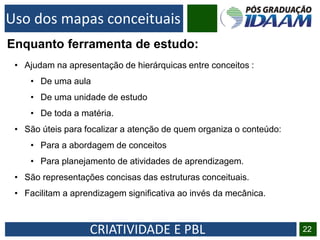 CRIATIVIDADE E PBL 22
Uso dos mapas conceituais
• Ajudam na apresentação de hierárquicas entre conceitos :
• De uma aula
• De uma unidade de estudo
• De toda a matéria.
• São úteis para focalizar a atenção de quem organiza o conteúdo:
• Para a abordagem de conceitos
• Para planejamento de atividades de aprendizagem.
• São representações concisas das estruturas conceituais.
• Facilitam a aprendizagem significativa ao invés da mecânica.
Enquanto ferramenta de estudo:
 