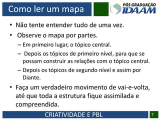 CRIATIVIDADE E PBL
• Não tente entender tudo de uma vez.
• Observe o mapa por partes.
– Em primeiro lugar, o tópico central.
– Depois os tópicos de primeiro nível, para que se
possam construir as relações com o tópico central.
– Depois os tópicos de segundo nível e assim por
Diante.
• Faça um verdadeiro movimento de vai‐e‐volta,
até que toda a estrutura fique assimilada e
compreendida.
7
Como ler um mapa
 