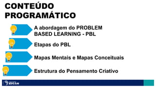 CONTEÚDO
PROGRAMÁTICO
A abordagem do PROBLEM
BASED LEARNING - PBL
Etapas do PBL
Mapas Mentais e Mapas Conceituais
Estrutura do Pensamento Criativo
 