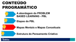 CONTEÚDO
PROGRAMÁTICO
A abordagem do PROBLEM
BASED LEARNING - PBL
Etapas do PBL
Mapas Mentais e Mapas Conceituais
Estrutura do Pensamento Criativo
 