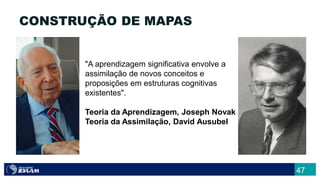 47
"A aprendizagem significativa envolve a
assimilação de novos conceitos e
proposições em estruturas cognitivas
existentes".
Teoria da Aprendizagem, Joseph Novak
Teoria da Assimilação, David Ausubel
CONSTRUÇÃO DE MAPAS
 