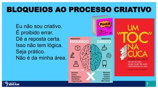 7
BLOQUEIOS AO PROCESSO CRIATIVO
Eu não sou criativo.
É proibido errar.
Dê a reposta certa.
Isso não tem lógica.
Seja prático.
Não é da minha área.
 