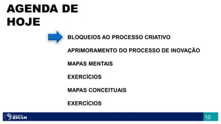 10
AGENDA DE
HOJE
BLOQUEIOS AO PROCESSO CRIATIVO
APRIMORAMENTO DO PROCESSO DE INOVAÇÃO
MAPAS MENTAIS
EXERCÍCIOS
MAPAS CONCEITUAIS
EXERCÍCIOS
 