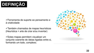 22
Ferramenta de suporte ao pensamento e
à criatividade
Também chamados de mapas heurísticos
(Heurística = arte de criar e/ou inventar)
Estes mapas permitem visualizar um
conjunto coerente de ideias ligadas entre si,
formando um todo, complexo.
DEFINIÇÃO
 