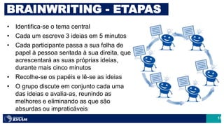 15
• Identifica-se o tema central
• Cada um escreve 3 ideias em 5 minutos
• Cada participante passa a sua folha de
papel à pessoa sentada à sua direita, que
acrescentará as suas próprias ideias,
durante mais cinco minutos
• Recolhe-se os papéis e lê-se as ideias
• O grupo discute em conjunto cada uma
das ideias e avalia-as, reunindo as
melhores e eliminando as que são
absurdas ou impraticáveis
BRAINWRITING - ETAPAS
 