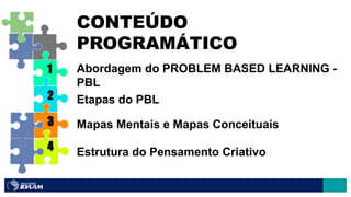 CONTEÚDO
PROGRAMÁTICO
Abordagem do PROBLEM BASED LEARNING -
PBL
Etapas do PBL
Mapas Mentais e Mapas Conceituais
Estrutura do Pensamento Criativo
1
2
3
4
 