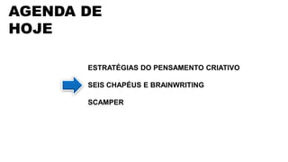 AGENDA DE
HOJE
ESTRATÉGIAS DO PENSAMENTO CRIATIVO
SEIS CHAPÉUS E BRAINWRITING
SCAMPER
 