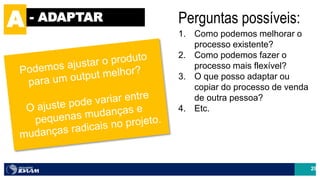 29
A - ADAPTAR Perguntas possíveis:
1. Como podemos melhorar o
processo existente?
2. Como podemos fazer o
processo mais flexível?
3. O que posso adaptar ou
copiar do processo de venda
de outra pessoa?
4. Etc.
 