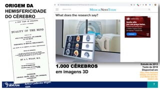 7
ORIGEM DA
HEMISFERICIDADE
DO CÉREBRO
1.000 CÉREBROS
em imagens 3D
Estudo de 2013
Texto de 2018
Disponível em
https://www.medicalne
wstoday.com/articles/3
21037#what-does-the-
research-say
 