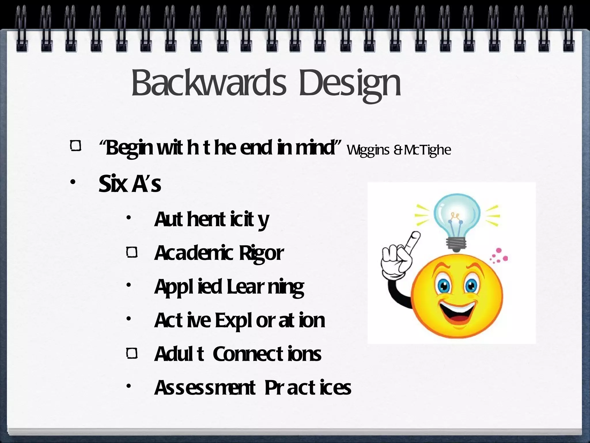 Backwards Design “ Begin with the end in mind”   Wiggins & McTighe Six A’s Authenticity Academic Rigor Applied Learning Active Exploration Adult Connections Assessment Practices 