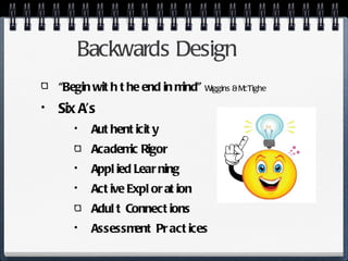 Backwards Design “ Begin with the end in mind”   Wiggins & McTighe Six A’s Authenticity Academic Rigor Applied Learning Active Exploration Adult Connections Assessment Practices 