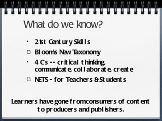 What do we know? 21st Century Skills Bloom’s New Taxonomy 4 C’s -- critical thinking, communicate, collaborate, create NETS - for Teachers & Students Learners have gone from consumers of content to producers and publishers. 