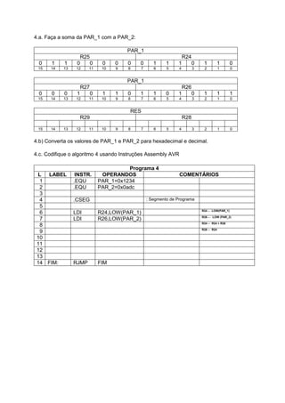 4.a. Faça a soma da PAR_1 com a PAR_2:
PAR_1
R25 R24
0 1 1 0 0 0 0 0 0 1 1 1 0 1 1 0
15 14 13 12 11 10 9 8 7 6 5 4 3 2 1 0
PAR_1
R27 R26
0 0 0 1 0 1 1 0 1 1 0 1 0 1 1 1
15 14 13 12 11 10 9 8 7 6 5 4 3 2 1 0
RES
R29 R28
15 14 13 12 11 10 9 8 7 6 5 4 3 2 1 0
4.b) Converta os valores de PAR_1 e PAR_2 para hexadecimal e decimal.
4.c. Codifique o algoritmo 4 usando Instruções Assembly AVR
Programa 4
L LABEL INSTR. OPERANDOS COMENTÁRIOS
1 .EQU PAR_1=0x1234
2 .EQU PAR_2=0x0adc
3
4 .CSEG ; Segmento de Programa
5
6 LDI R24,LOW(PAR_1) R24 ← LOW(PAR_1)
7 LDI R26,LOW(PAR_2) R26 ← LOW (PAR_2)
8 R24 ← R24 + R26
9 R28 ← R24
10
11
12
13
14 FIM: RJMP FIM
 