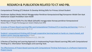 Computational Thinking (CT) Module To Develop Writing Skills For Primary School Student
Pembinaan Aplikasi Modul Aktiviti Menggunakan Pemikiran Komputasional Bagi Komponen Akidah Dan Ayat
Kefahaman Subjek Pendidikan Islam KSSM
Pembinaaan Modul Tahfiz Pra Ulul Albab (ijtihadik) menggunakan Konsep pemikiran Komputasional
Modul PBL-CT Projek Pembangunan Sistem Maklumat SPM
A review of Project-Based Learning (PBL) and Computational Thinking (CT) in teaching and learning S Aslina, Z
Suhaila Learning and Motivation 78, 2-12
Students’ computational thinking skill through cooperative learning based on hands-on, inquiry-based, and
student-centric learning approaches A Saad
Universal Journal of Educational Research 8 (1), 290-296
A Review of Teaching and Learning Approach in Implementing Project-Based Learning (PBL) with Computational
Thinking (CT). Information Technologies and Learning Tools
The Effectiveness of Project Based Learning with Computational Thinking Techniques in a Software Engineering
Project Course
RESEARCH & PUBLICATION RELATED TO CT AND PBL
 
