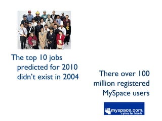 The top 10 jobs predicted for 2010 didn’t exist in 2004 There over 100 million registered MySpace users 