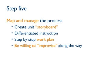 Step five Map and manage  the process Create unit  “storyboard” Differentiated instruction Step by step  work plan Be willing to “improvise”  along the way 