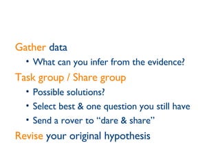 Gather  data What can you infer from the evidence? Task group / Share group Possible solutions? Select best & one question you still have Send a rover to “dare & share”  Revise  your original hypothesis 